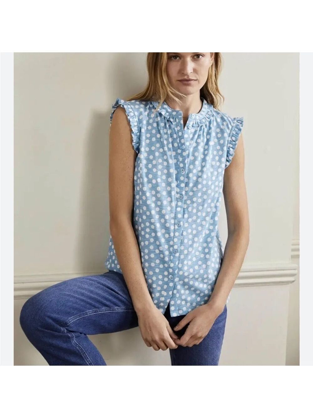 Boden Polka Dot Ruffle Sleeveless Coastal Cotton Shirt Top